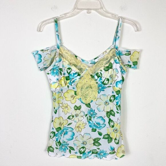 Vintage y2k Charlotte Russe White Floral Pattern Cold Shoulder Blouse Top Size M - Picture 3 of 8